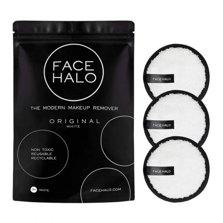 Face Halo 재사용 가능한 메이크업 리무버 패드 라운드 흰색 메이크업 리무버 패드, 검은색 안감 및 흰색 배경에 검은색 가방