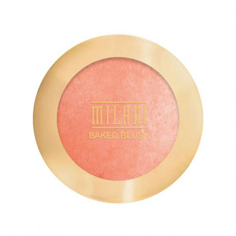 Milani Baked Blush auksinis kompaktiškas su permatomu langeliu persiko rožinės spalvos blizgančiais skaistalais baltame fone