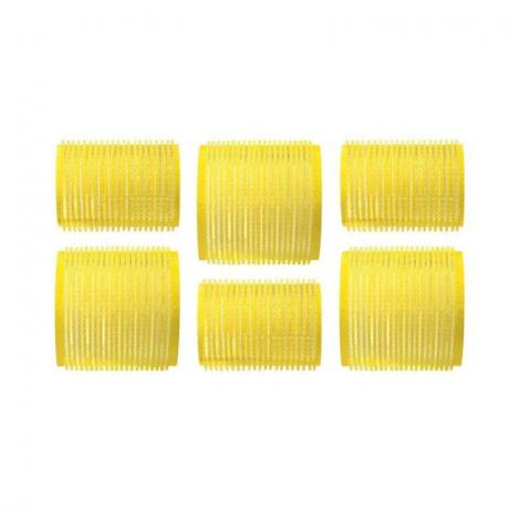 Komplet šestih rumenih navijalk za lase iz kompleta Drybar High Tops Self-Grip Rollers na beli podlagi