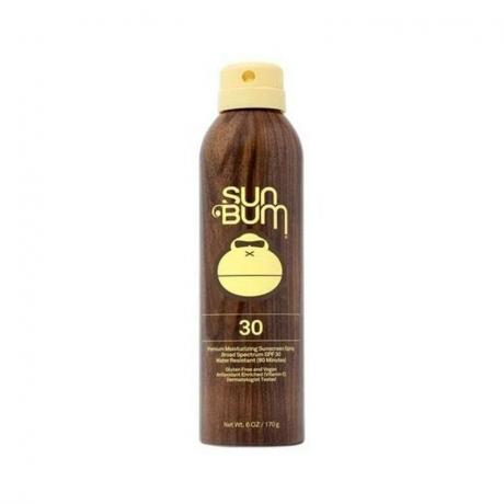 Sun Bum Original SPF 30 päikesekaitsesprei pruun ja kollane aerosoolpihusti pudel valgel taustal