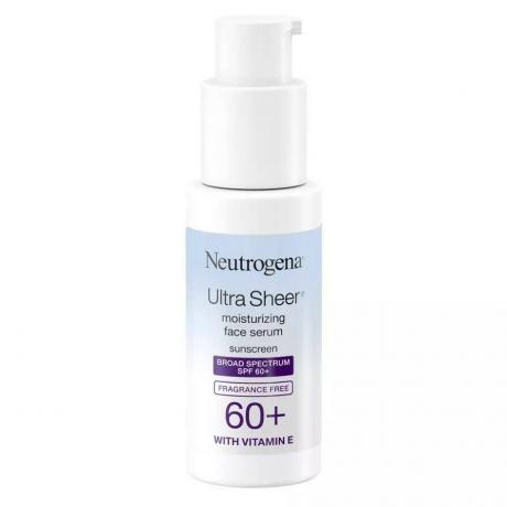 Neutrogena Ultra Sheer Moisturizing Face Serum SPF 60+ flacone pompa bianco con etichetta azzurra su sfondo bianco