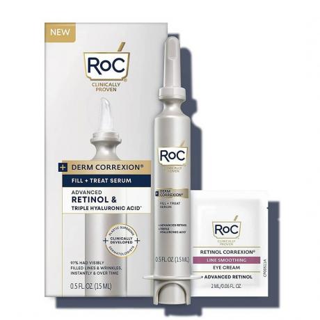 RoC Derm Correxion Fill + Treat Serum šedá krabička, šedá lahvička s ampulí a bílý sáček na bílém pozadí
