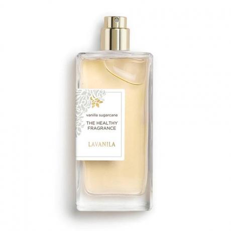 Lavanila Vanilla Sugarcane Fragrance rechteckige Flasche hellgelbes Parfüm mit goldener Kappe auf weißem Hintergrund