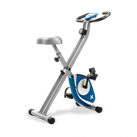 จักรยานออกกำลังกายพับได้ XTERRA Fitness จักรยานออกกำลังกายสีน้ำเงินและสีเงินบนพื้นหลังสีขาว