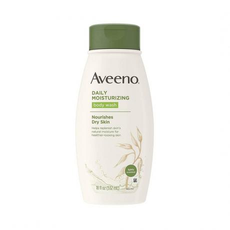 Svetlobéžová telová fľaša Aveeno Daily Moisturizing Body Wash so šalviovo zeleným uzáverom na bielom pozadí
