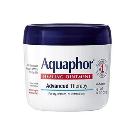 Aquaphor Healing Ointment: valge purk sinise korgi ja tekstiga valgel taustal