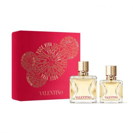 Foto Valentino Voce Viva parfüümivee komplektist koos täissuuruses ja reisisuuruses parfüümipudeliga punase karbi ees valgel taustal