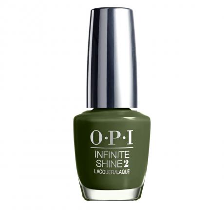 buteliukas OPI Infinite Shine Long Wear nagų lako tamsiai alyvuogių atspalvio, vadinamo Olive for Green baltame fone