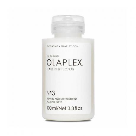 Hvit beholder med Olaplex Hair Perfector nr. 3 på hvit bakgrunn