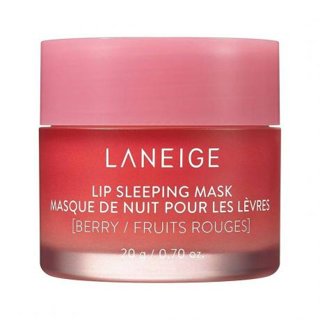 Stoples merah muda Laneige Lip Sleeping Mask dengan latar belakang putih