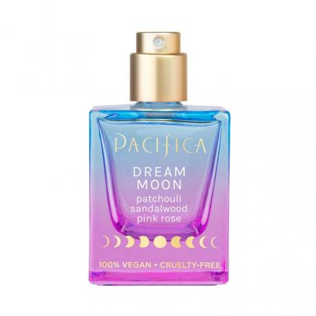 Pacifica Dream Moon Spray Parfum pătrat albastru până la violet flacon de parfum degradat cu spray auriu pe fundal alb