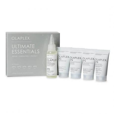 Olaplex Ultimate Essentials Kit cinque prodotti con scatola grigia su sfondo bianco