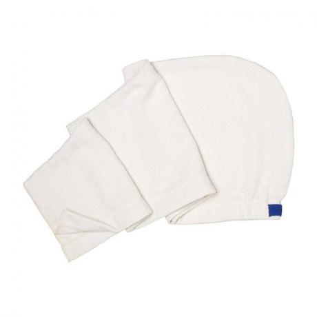 Aquis Flip Hair-Drying Tool: Et hvitt hårhåndkle på hvit bakgrunn
