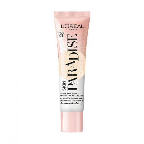 L'Oréal Paris Skin Paradise vandens pripildytas tonuotas drėkiklis rožinės ir baltos spalvos vamzdeliu su permatomu langeliu, vandens lašelių dizainu ir rožiniu dangteliu baltame fone