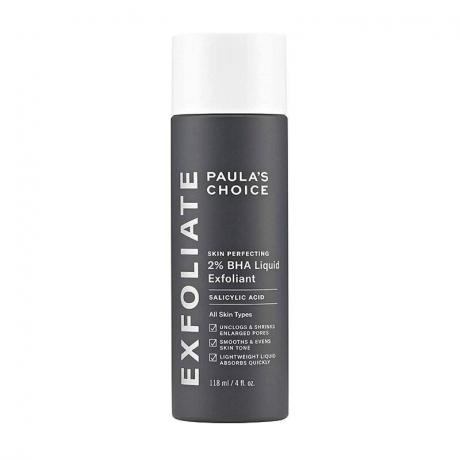 En grå flaske med Paula's Choice Skin Perfecting 2% BHA Liquid Exfoliant på en hvid baggrund
