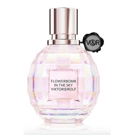 Eine rosa Flasche des Viktor & Rolf Flowerbomb In The Sky Eau de Parfum auf weißem Hintergrund