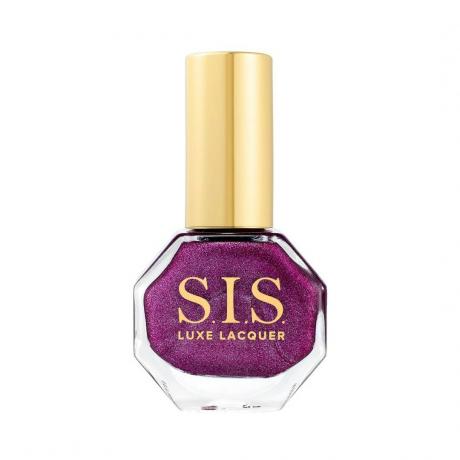 SIS Luxe Lacquer in Chi purpurinės spalvos nagų lako buteliukas su auksiniu dangteliu baltame fone