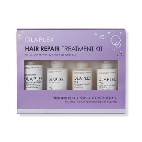 Olaplex Hair Repair Treatment Kit purppuralaatikko valkoisia pulloja valkoisella pohjalla
