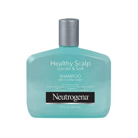 Neutrogena Gentle & Soft Healthy Scalp Shampoo para cuero cabelludo sensible botella de champú de menta ancha con tapa gris sobre fondo blanco