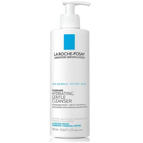 La Roche-Posay Toleriane Hydrating Gentle Cleanser สีขาวและสีน้ำเงินบนพื้นหลังสีขาว