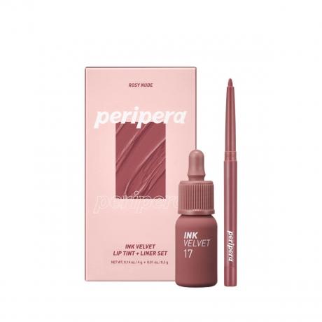 Una caja rosa de Peripera Ink the Velvet Lip Tint + Liner Set en Rosy Nude sobre fondo blanco.