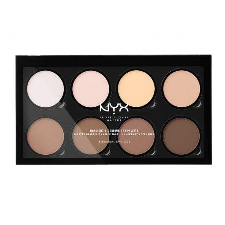 NYX Professional Makeup Highlight & Contour Pro Face Palette črna paleta z osmimi krožnimi osvetlitvami in konturnimi pudri na belem ozadju