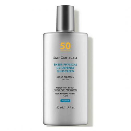 SkinCeuticals Sheer Physical UV Defense SPF 50 bottiglia rettangolare piatta grigia su sfondo bianco