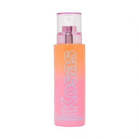 Kosas Plump + Juicy Vegan Collagen + Probiotic Spray-On Serum orange to pink gradient spray bottle dengan tutup bening di latar belakang putih