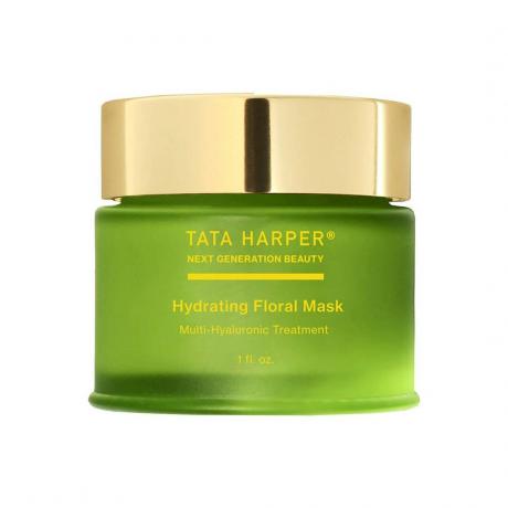 Tata Harper Hydrating Floral Mask zeleni kozarec z zlatim pokrovom na belem ozadju