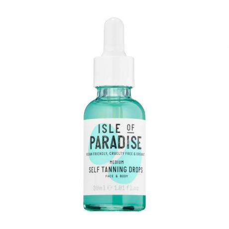 Isle of Paradise Medium Self-Tan Drops flacon compte-gouttes bleu avec étiquette blanche et haut sur fond blanc