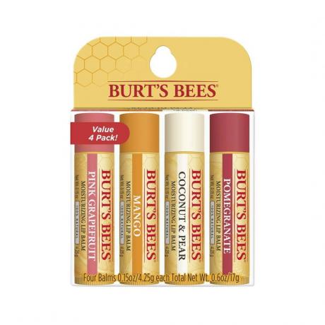 Burt's Bees Moisturizing Lip Care Pack τέσσερα πακέτα αρωματικού βάλσαμου για τα χείλη σε λευκό φόντο