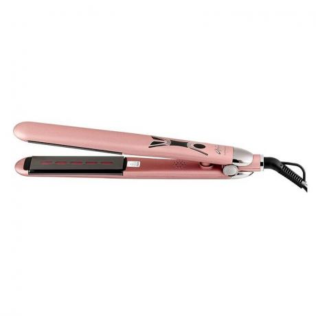 Collezione Sephora Tame: Ferro da stiro a infrarossi: un ferro da stiro per capelli rosa chiaro su sfondo bianco