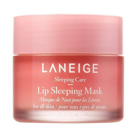 Un barattolo rosa della maschera per dormire Laneige Lip su sfondo bianco