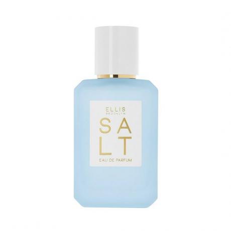 Синя бутилка парфюмна вода Ellis Brooklyn Salt на бял фон