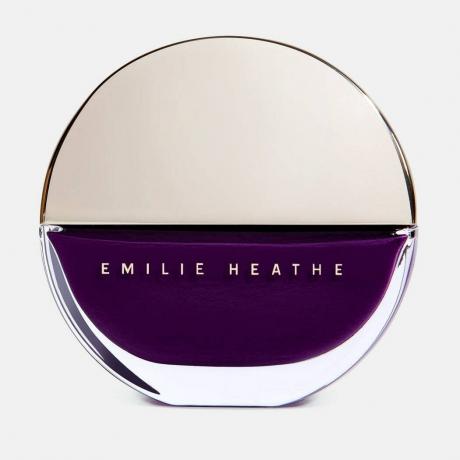 Emilie Heathe nagu laka Big Night Out apaļa tumši violetas nagu lakas pudele ar niķeļa vāciņu uz gandrīz balta fona
