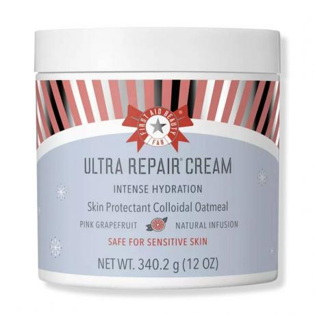עזרה ראשונה ביוטי מהדורה מוגבלת ורוד אשכולית Ultra Repair Cream צנצנת פסים תכלת וורוד עם מכסה לבן על רקע לבן