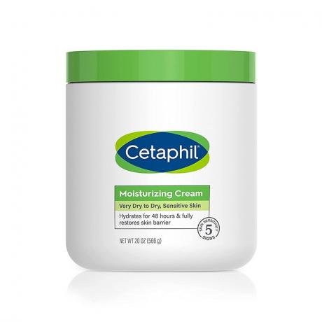 Crema hidratanta Cetaphil borcan alb cu capac verde pe fundal alb