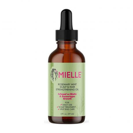 Smeđa Mielle Organics bočica s uljem za vlasište i jačanje kose s ružmarinom i mentom sa zelenom etiketom