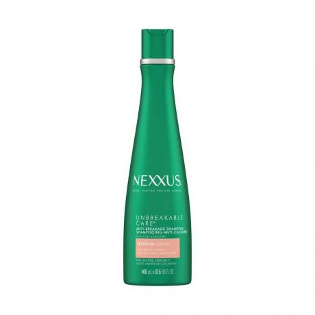 Zelena bočica Nexxus Unbreakable Care šampona protiv lomljenja na bijeloj pozadini