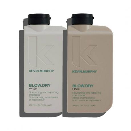 Kevin Murphy Blow. Dry Wash & Rinse grå og beige rektangelflasker med sorte låg på hvid baggrund