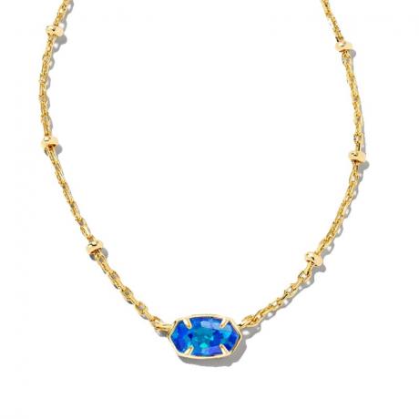 Kendra Scott Custom Emilie Single Strand Necklace collier en or avec breloque bleue sur fond blanc