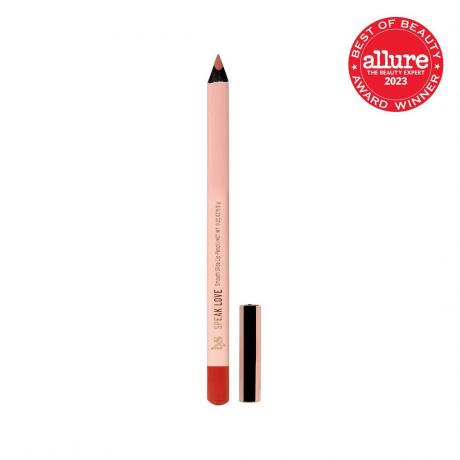 LYS Beauty Speak Love Smooth Glide Lip Liner Pencil matita per labbra rosa con cappuccio nero e rosa sul lato su sfondo bianco con sigillo rosso Allure BoB nell'angolo in alto a destra