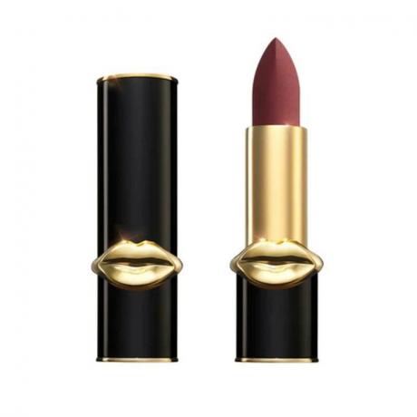Peluru lipstik cokelat matte dalam tabung lipstik hitam dan emas dari Pat McGrath Labs MatteTrance Lipstick dengan latar belakang putih