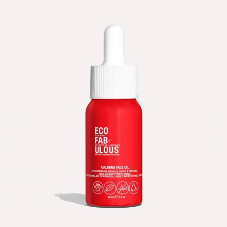 EcoFabulous Calming Face Oil röd serumflaska på vit bakgrund