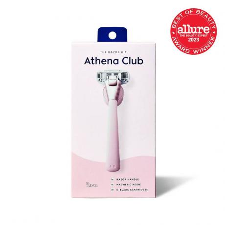 Athena Club The Razor Kit блідо-рожева коробка з бритвою на білому тлі з червоною печаткою Allure BoB у верхньому правому куті
