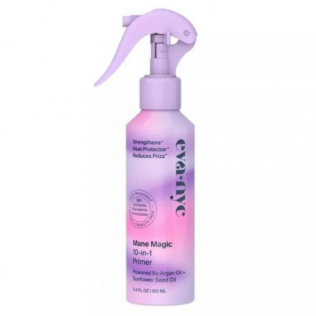 Eva NYC Mane Magic 10-i-1 Primer lilla og rosa tie dye sprayflaske på hvit bakgrunn