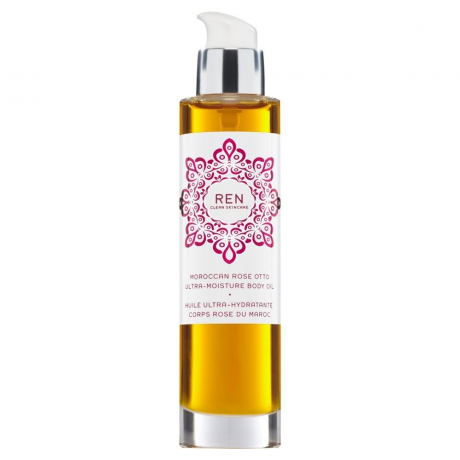 bottiglia di olio di rosa marocchino per la cura della pelle ren su sfondo bianco