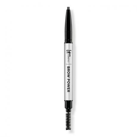 IT Cosmetics Brow Power Universal Eyebrow Pencil: Um lápis de sobrancelha prateado com ponta de maquiagem preta de ponta dupla e spoolie de sobrancelha em um fundo branco.