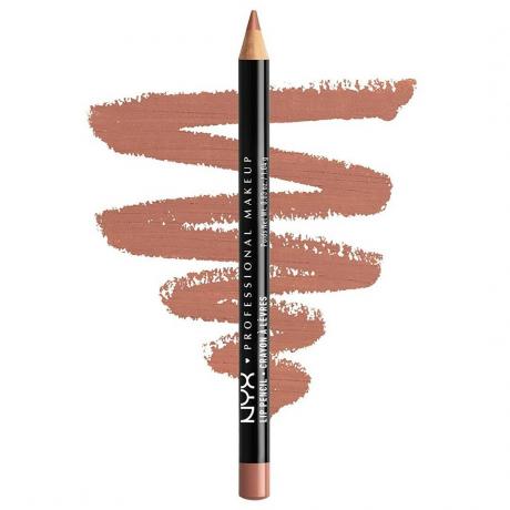 Nyx Professional Makeup Slim Lip Pencil crayon à lèvres noir avec un échantillon de gribouillis nude derrière sur fond blanc