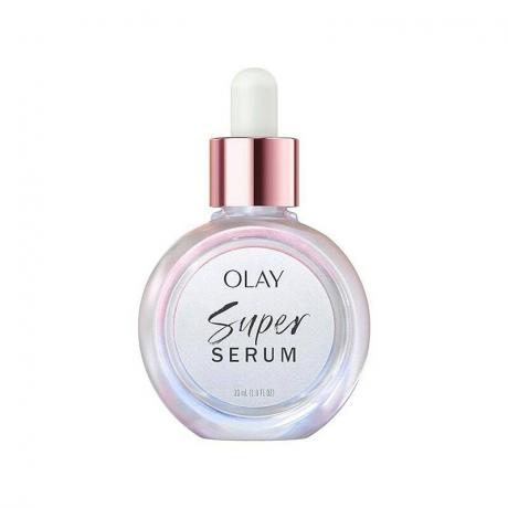 Olay Super Serum: En sirkulær, holografisk farget dråpeflaske på hvit bakgrunn